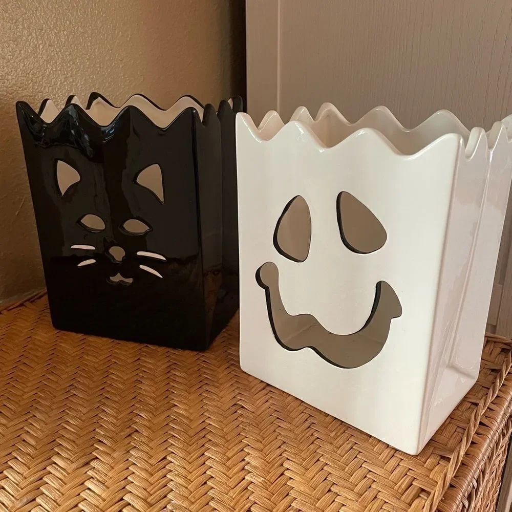 Harry and David Vintage Ghost and Black Cat Large Ceramic Tea Light Candle Boxes